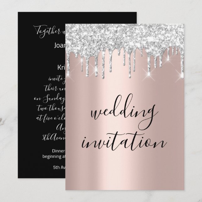 Black White Silver Gray Drips Rose Gold Wedding Invitation (Front/Back)
