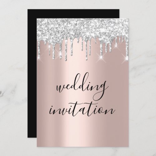 Black White Silver Gray Drips Rose Gold Wedding Invitation