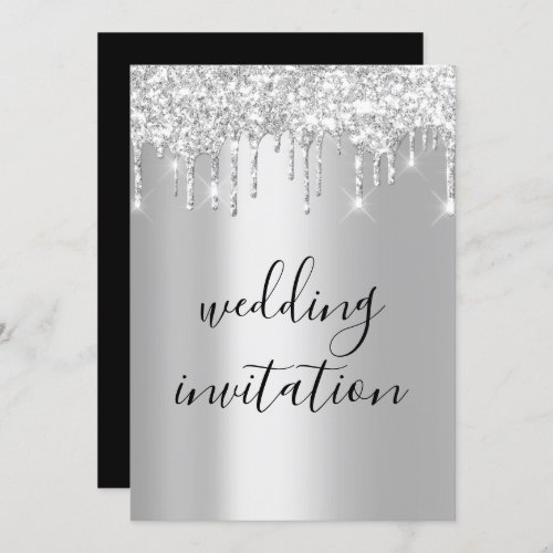 Black White Silver Gray Drips Sparkly Wedding Invitation