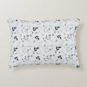 Black White Silver Gray Floral Leaves   Accent Pillow
