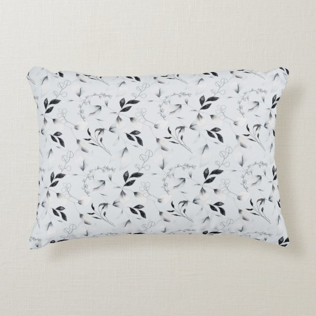 Black White Silver Gray Floral Leaves   Accent Pillow (Front)