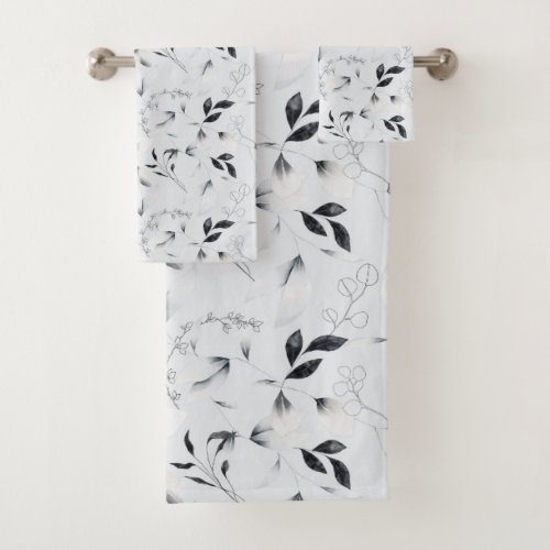 Black White Silver Gray Floral Leaves Chic Bath Towel Set