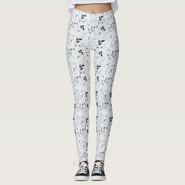 Black White Silver Gray Floral Leaves  Leggings (Front)