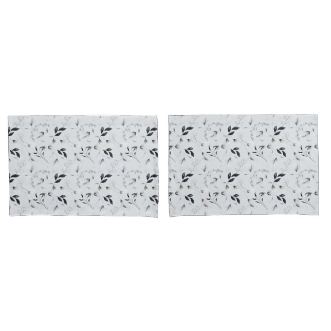 Black White Silver Gray Floral Leaves  Pillow Case (Front-Set)