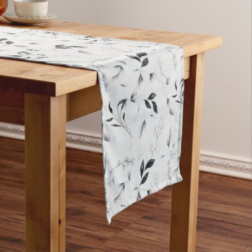 Black White Silver Gray Floral Leaves  Short Table Runner