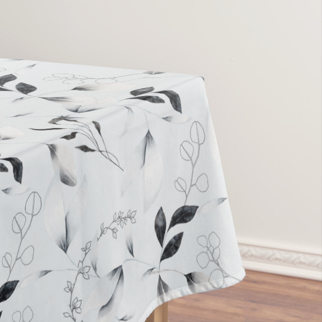 Black White Silver Gray Floral Leaves  Tablecloth (In Situ)