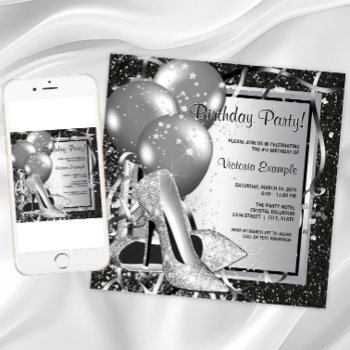 Black White Silver High Heel Woman Birthday Party Invitation by Pure_Elegance at Zazzle