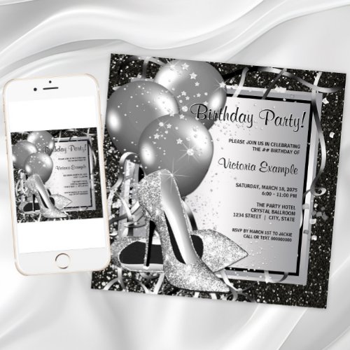 Black White Silver High Heel Woman Birthday Party Invitation