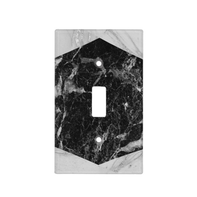 Black White & Silver Marble Modern Glam Light Switch Cover (Front)
