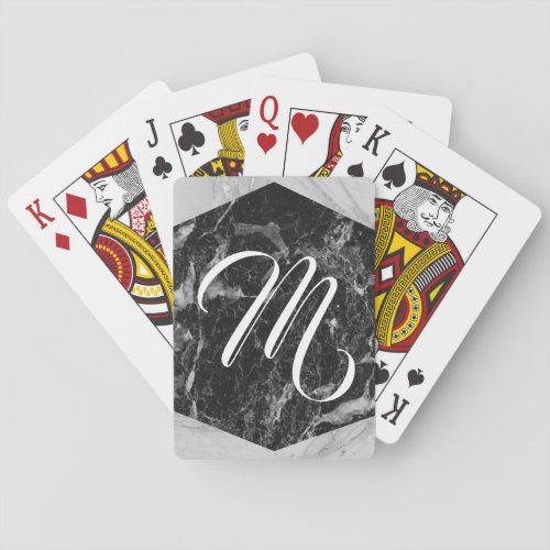 Black White  Silver Marble Modern Glam Monogram Poker Cards