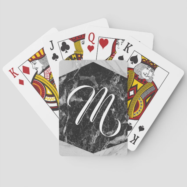 Black White & Silver Marble Modern Glam Monogram Poker Cards (Back)