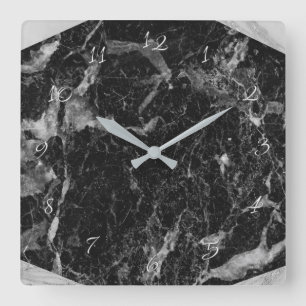 Black White & Silver Marble Modern Glam Square Wall Clock