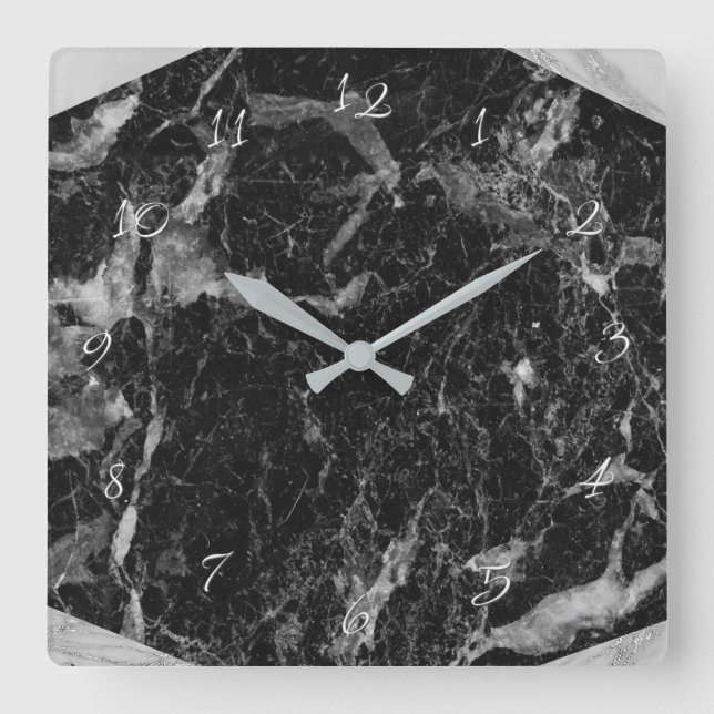 Black White & Silver Marble Modern Glam Square Wall Clock (Front)