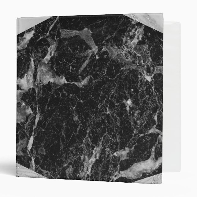 Black White & Silver Marble Modern Glam Trendy 3 Ring Binder (Front/Inside)