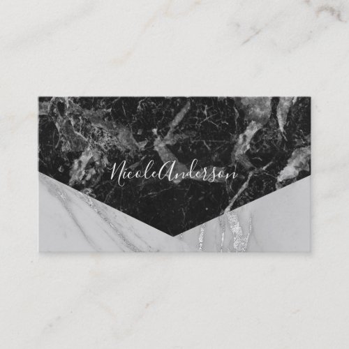 Black White  Silver Marble Modern Glam Trendy Business Card