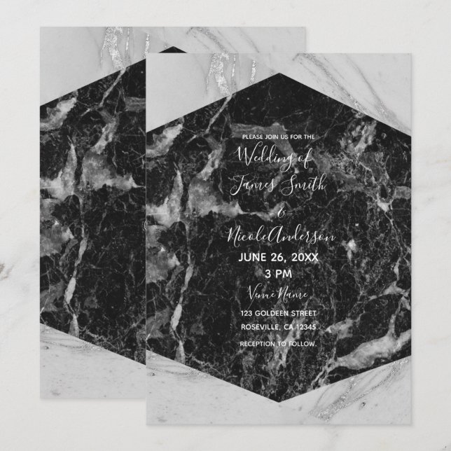 Black White & Silver Marble Modern Glam Wedding Invitation (Front/Back)