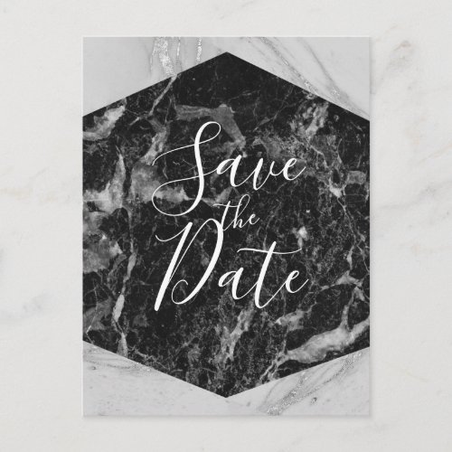 Black White  Silver Marble Modern Save the Date Announcement Postcard