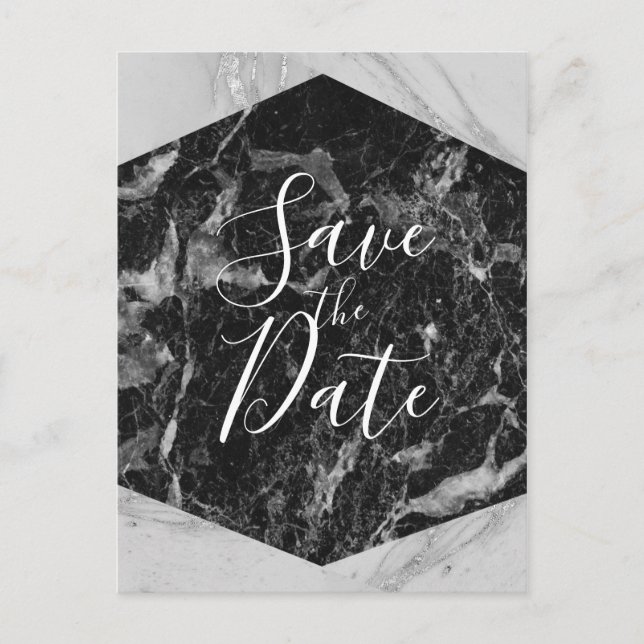 Black White & Silver Marble Modern Save the Date Announcement Postcard (Front)