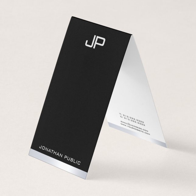 Black White Silver Modern Monogram Elegant Simple Business Card (Front)