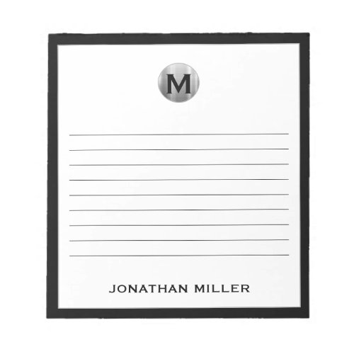 Black White Silver Monogram Lined Notepad