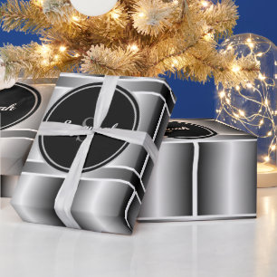 Black White & silver Monogrammed Geometric Squares Wrapping Paper