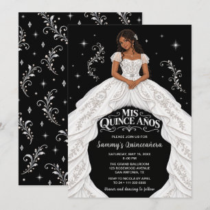 Black White Silver Princess Quinceañera Invitation