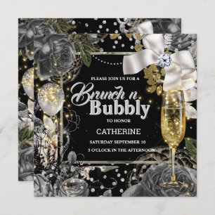 Black white silver rose shabby chic glitter bow invitation