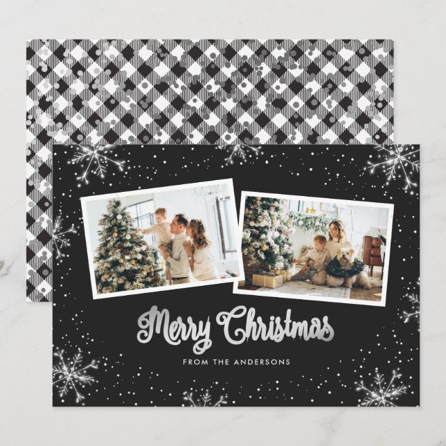 Black White Silver Snowflake Photo Christmas Card (Front/Back)