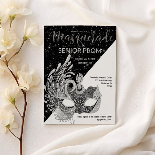 Black white silver sparkle glitter Masquerade Prom Invitation