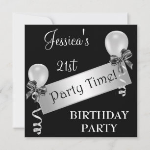 Black & White Silver Streamers Bows & Balloons Invitation