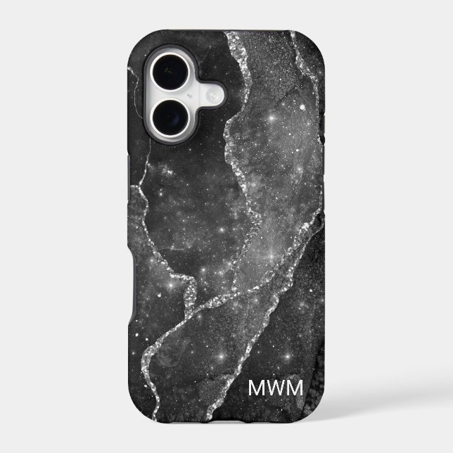 Black White Silver Veins Agate Monogram Case-Mate iPhone Case (Back)