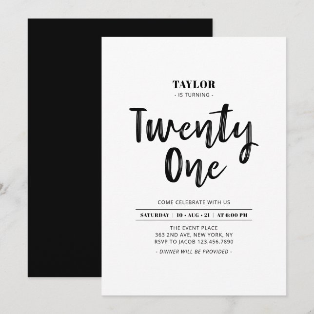 Black & White Simple 21st Birthday Party Invitation (Front/Back)
