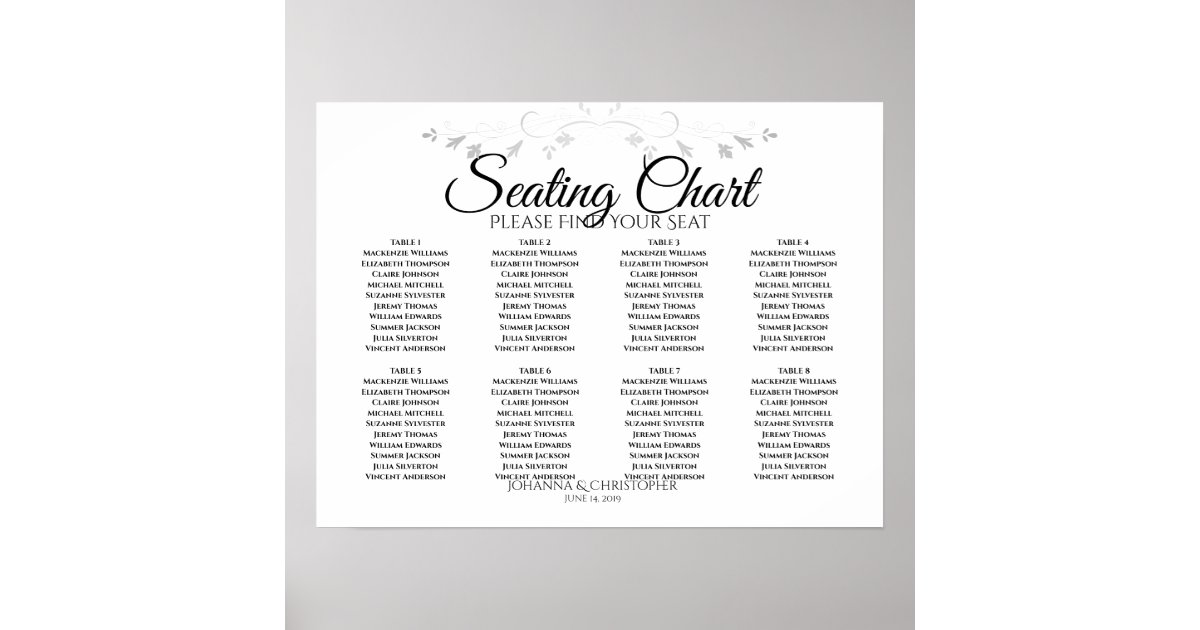 Black White Simple 8 Table Wedding Seating Chart Zazzle Com