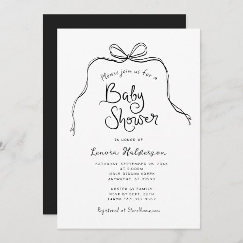 Black White Simple Bow Baby Shower Invitation