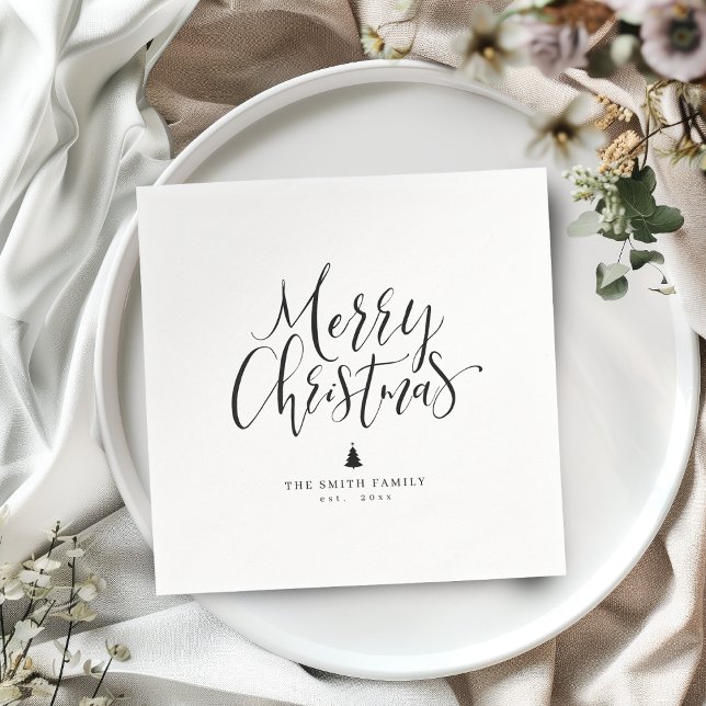 Black & White Simple Calligraphy Merry Christmas Napkins (Black & White Simple Calligraphy Merry Christmas Napkins)