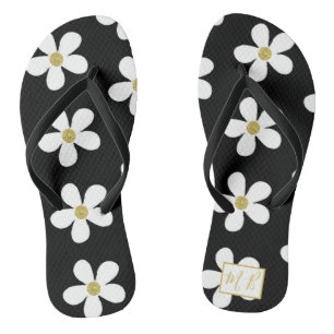 Black White Simple Daisy Gold Monogram Flip Flops