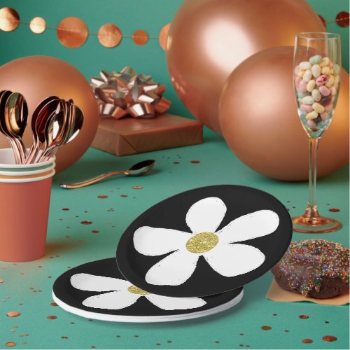 Black White Simple Daisy Gold Paper Plates