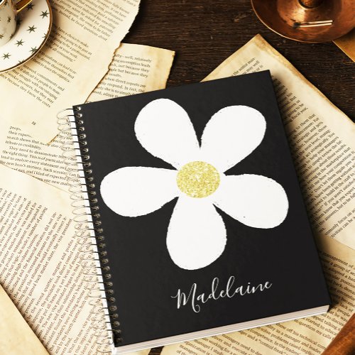 Black White Simple Daisy Gold Personal School Notebook