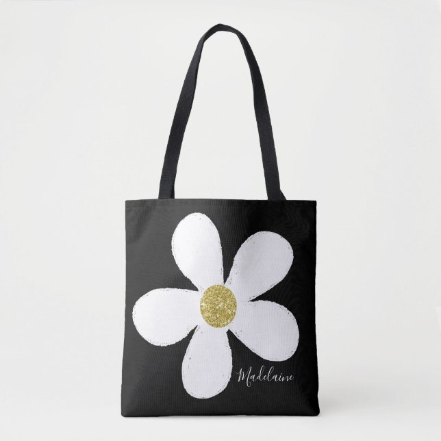 Black White Simple Daisy Gold Personal Tote Bag (Front)