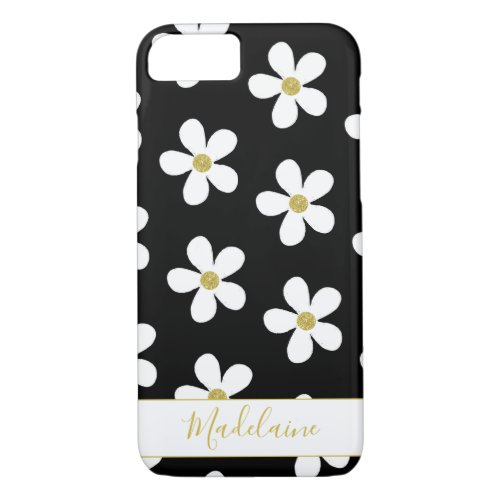 Black White Simple Daisy Pattern Gold Personal iPhone 87 Case