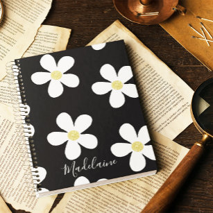 Black White Simple Daisy Pattern Gold  School Notebook