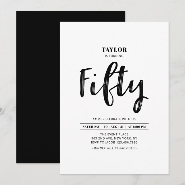 Black & White Simple Fifty 50th Birthday Party Invitation (Front/Back)