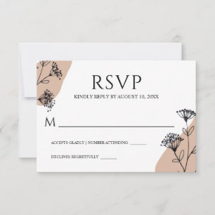 Black White Simple Floral Line Art Wedding RSVP Card
