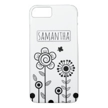 Black, white simple flowers and name floral