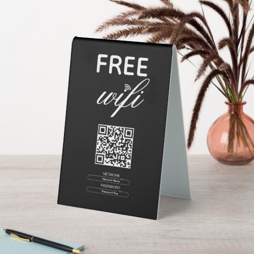 Black White Simple Free Wi_Fi QR Code Place Table Tent Sign