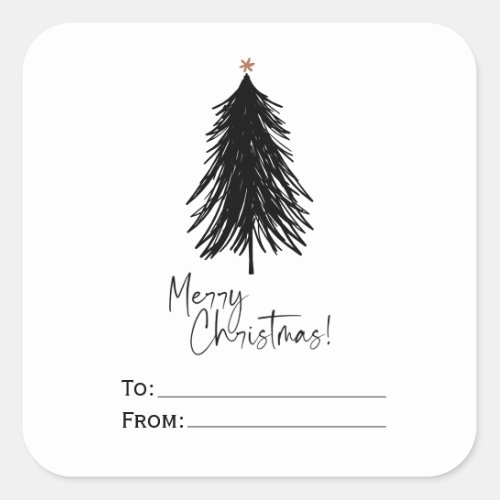 Black White Simple Merry Christmas Tree  Square Sticker
