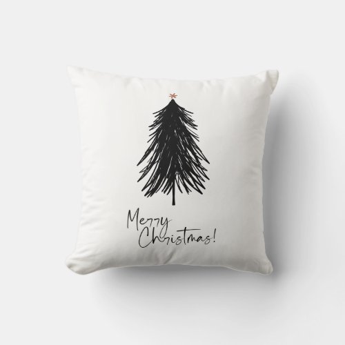 Black White Simple Merry Christmas Tree Throw Pillow