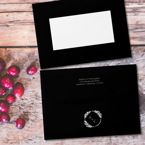 Black White Simple Monogram Leaves Wedding Envelop Envelope