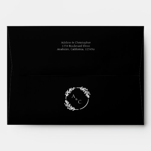 Black White Simple Monogram Leaves Wedding Envelope