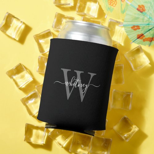 Black  White Simple Monogram Name  Initial Can Cooler